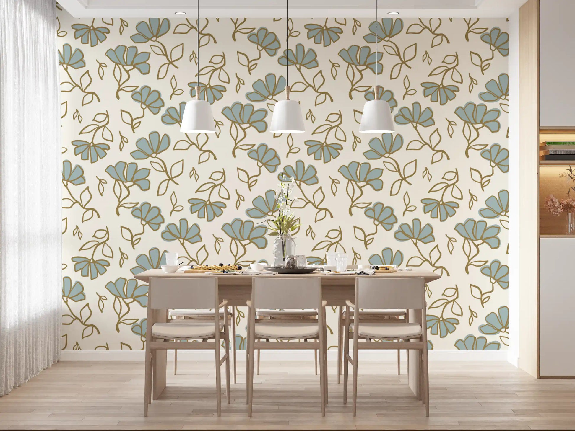 Minimalist Soft Blue Floral Line Art Wallpaper⁠
