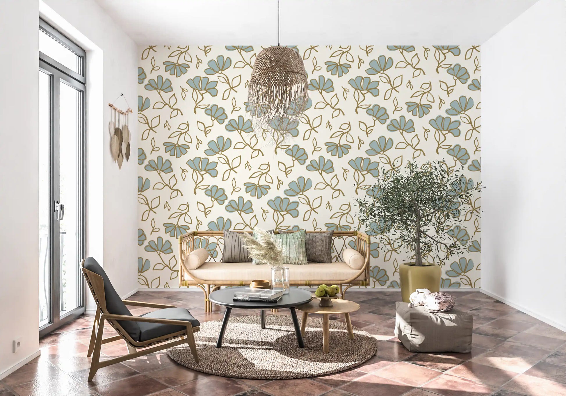 Minimalist Soft Blue Floral Line Art Wallpaper⁠