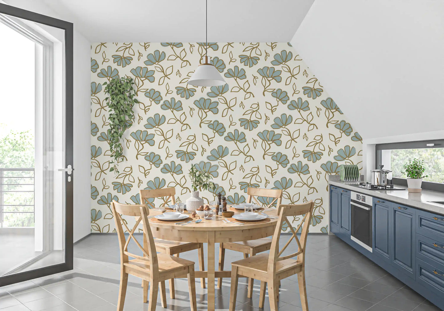 Minimalist Soft Blue Floral Line Art Wallpaper⁠