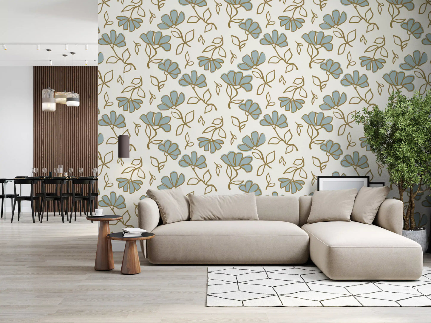 Minimalist Soft Blue Floral Line Art Wallpaper⁠