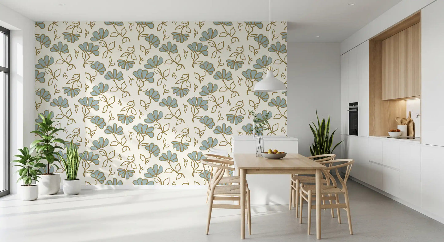 Minimalist Soft Blue Floral Line Art Wallpaper⁠