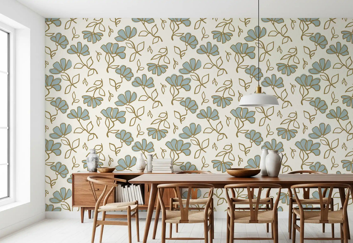 Minimalist Soft Blue Floral Line Art Wallpaper⁠