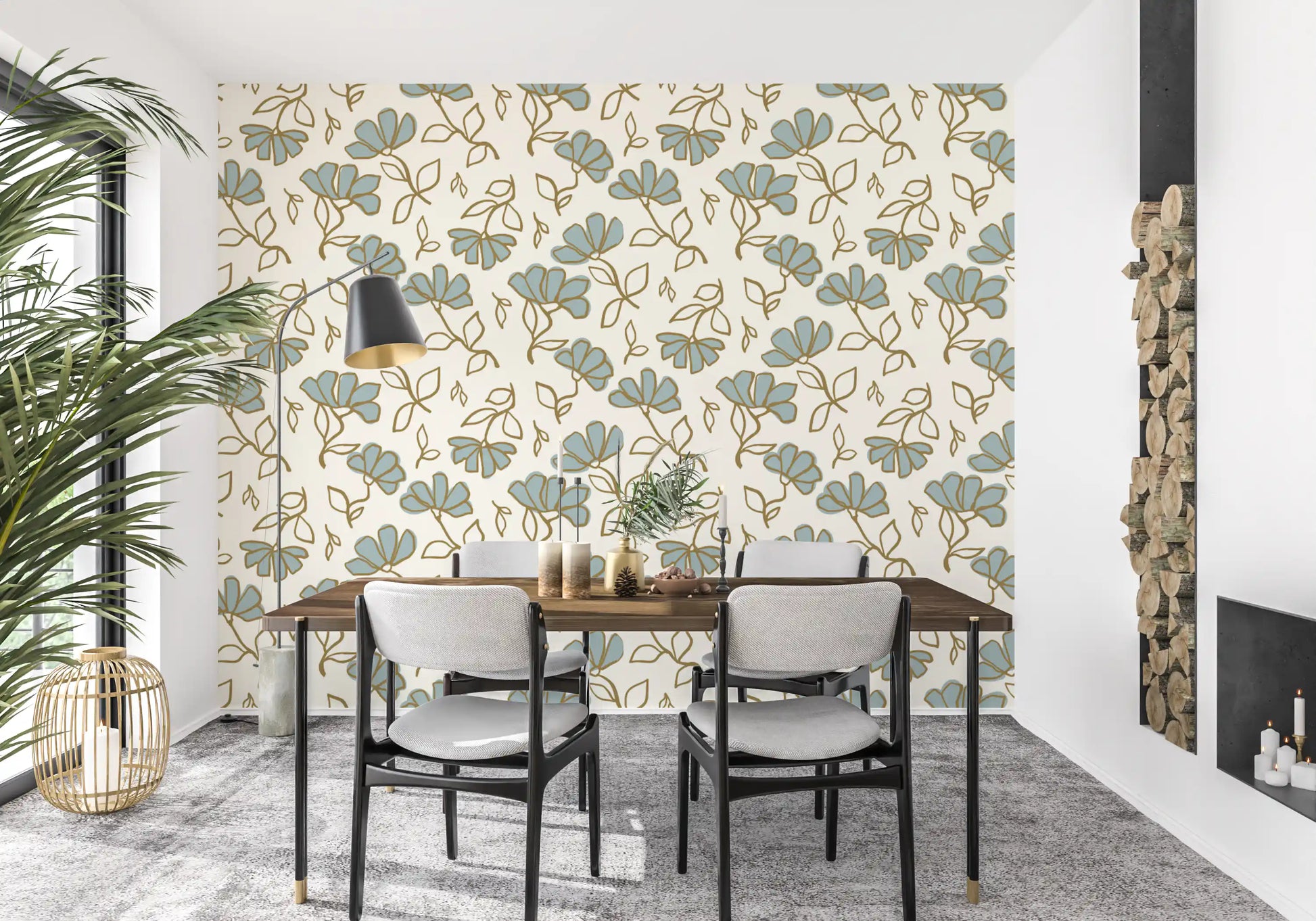 Minimalist Soft Blue Floral Line Art Wallpaper⁠