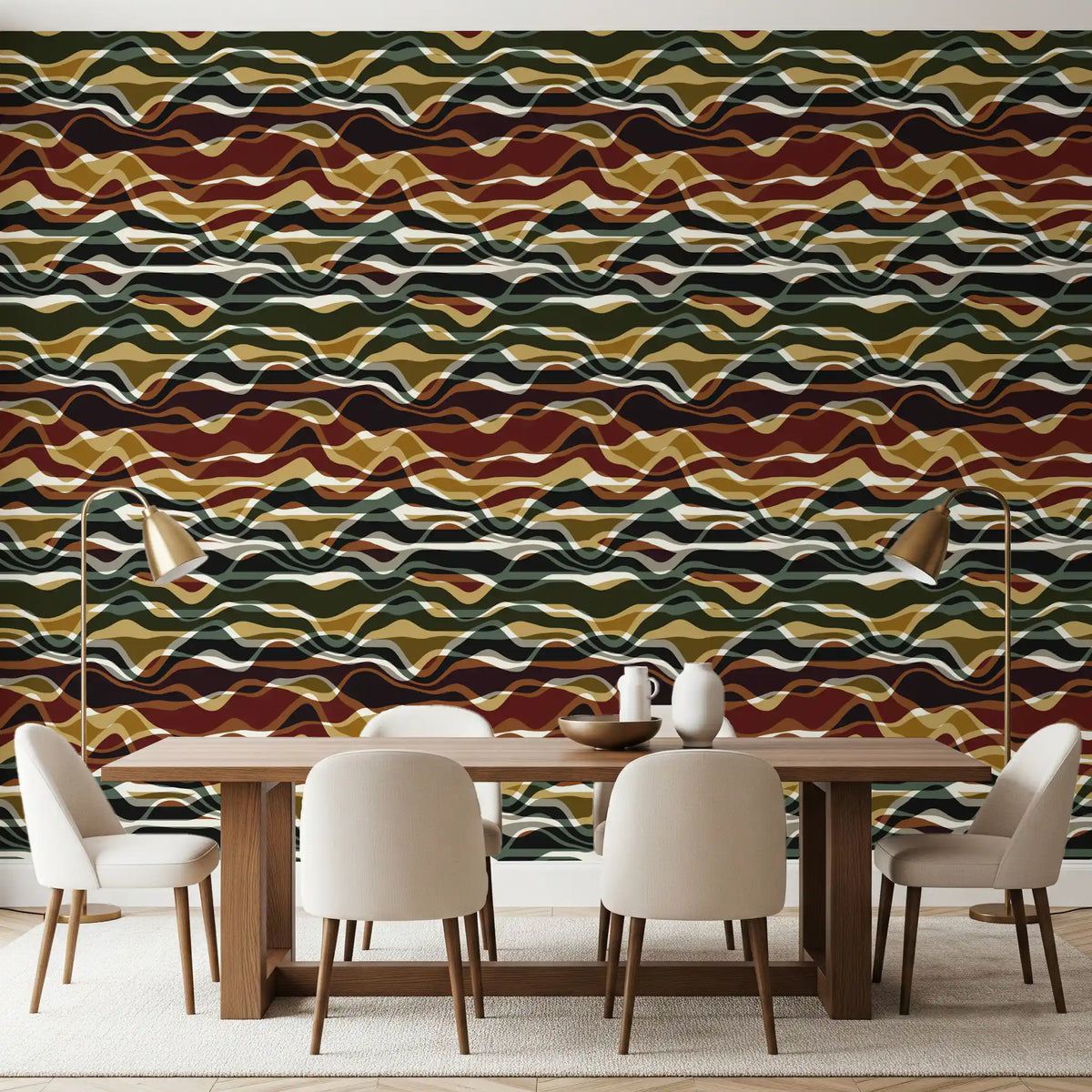 Earthy wavy stripe wallpaper in a dining room with wood table and cream chairs GD12466