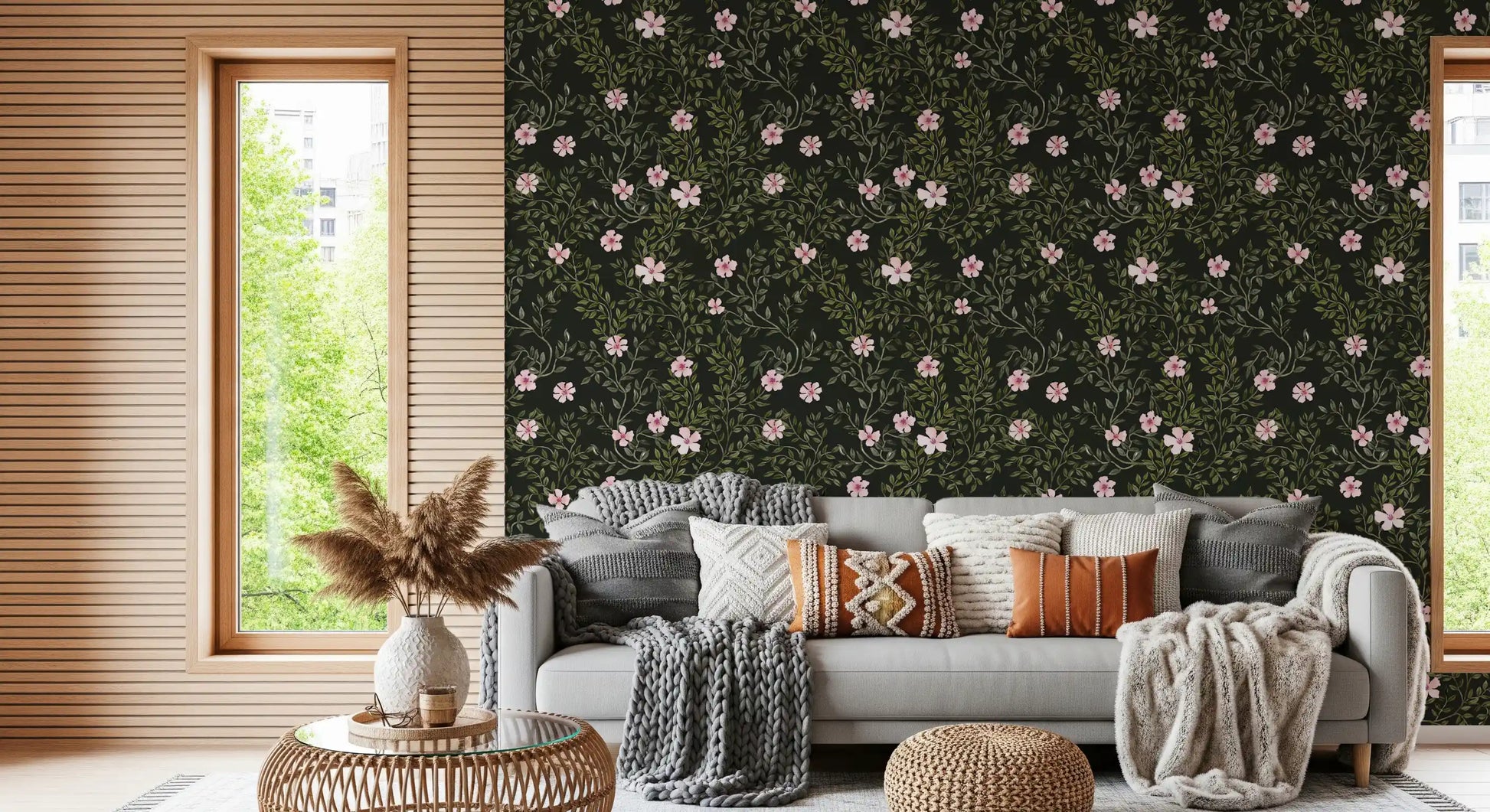 Soft Pink Floral Vines on Charcoal Wallpaper⁠