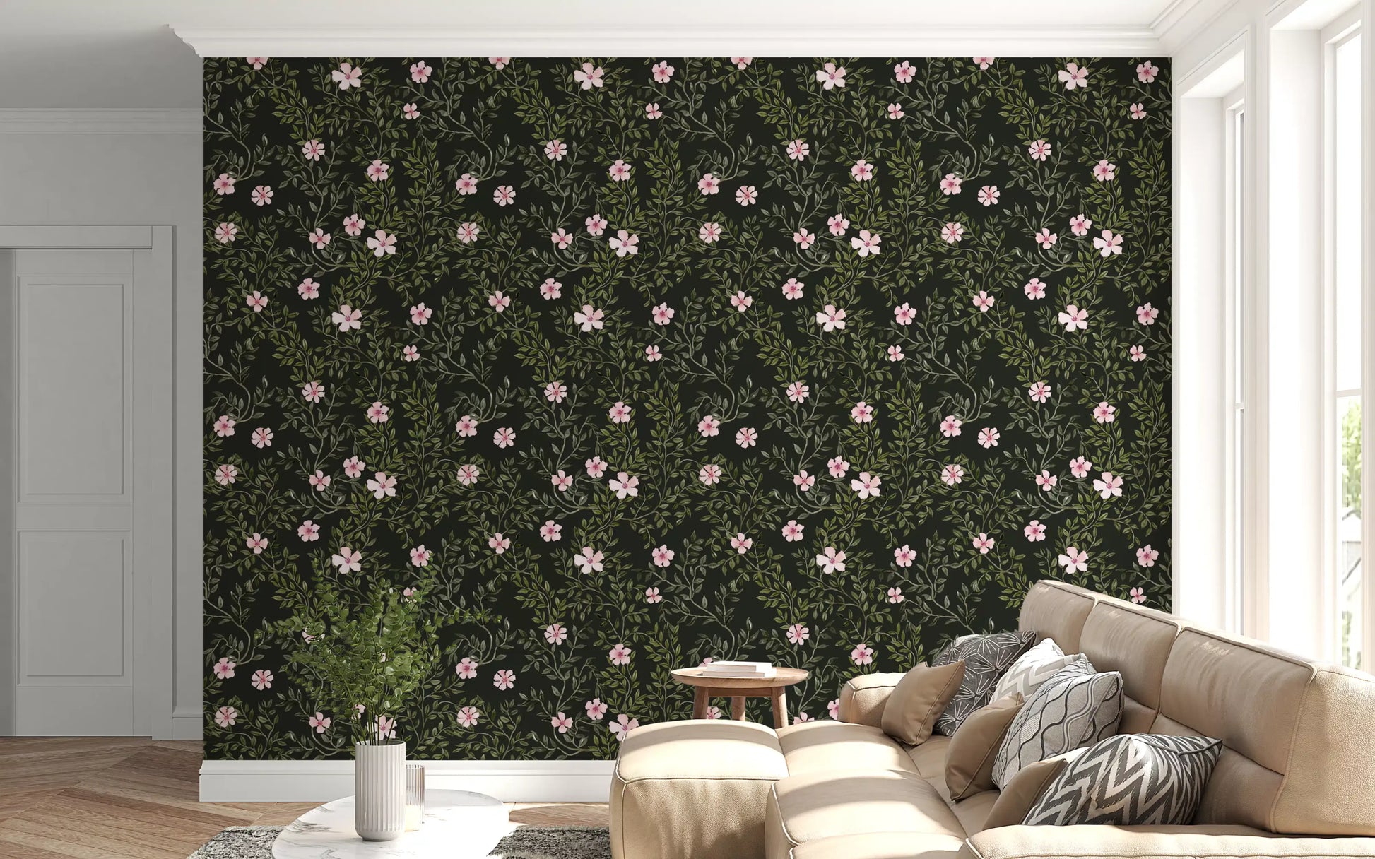 Soft Pink Floral Vines on Charcoal Wallpaper⁠