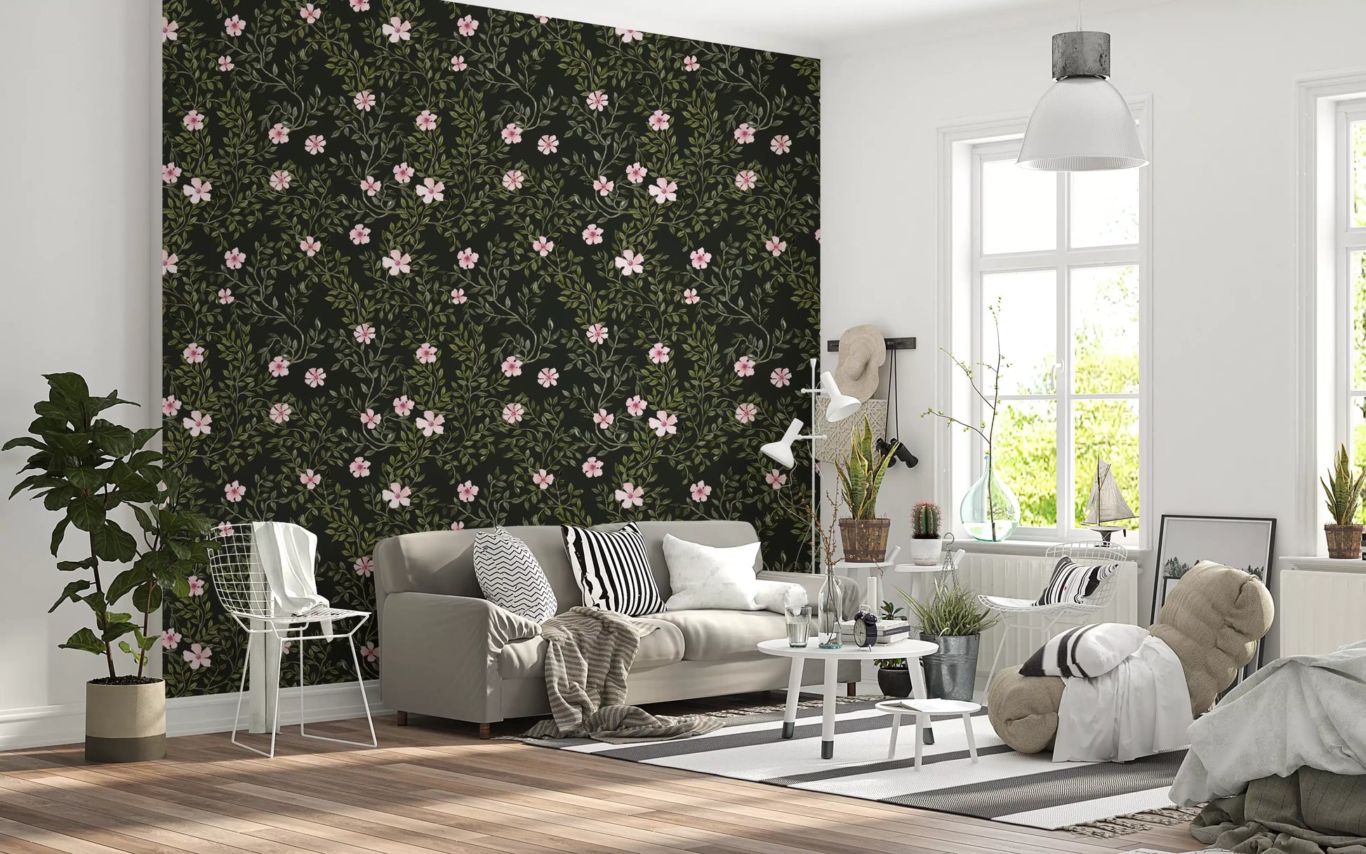 Soft Pink Floral Vines on Charcoal Wallpaper⁠