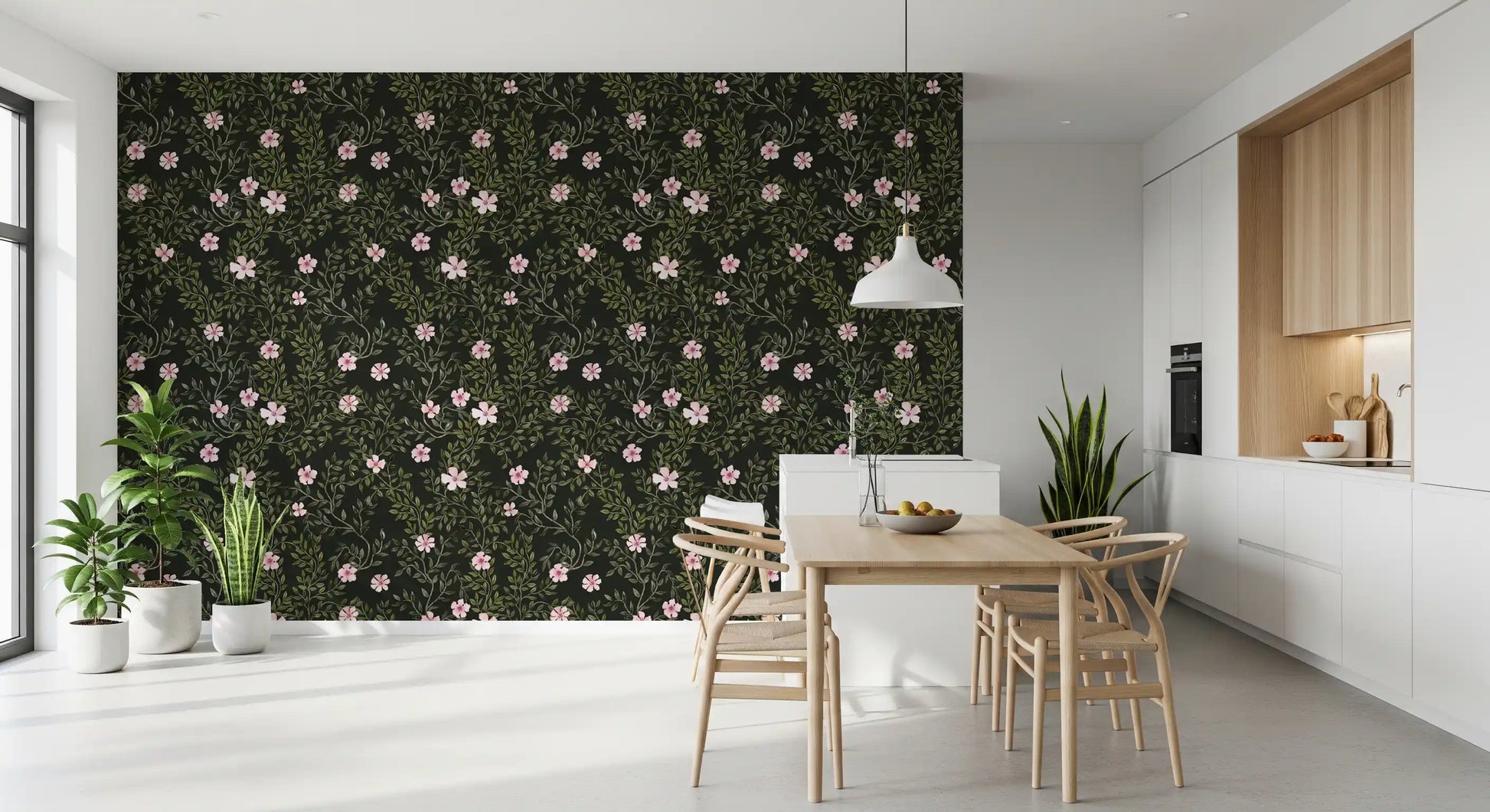 Soft Pink Floral Vines on Charcoal Wallpaper⁠