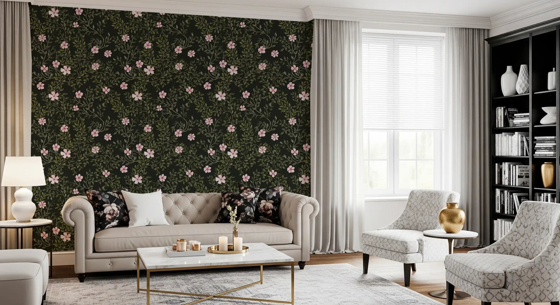 Soft Pink Floral Vines on Charcoal Wallpaper⁠