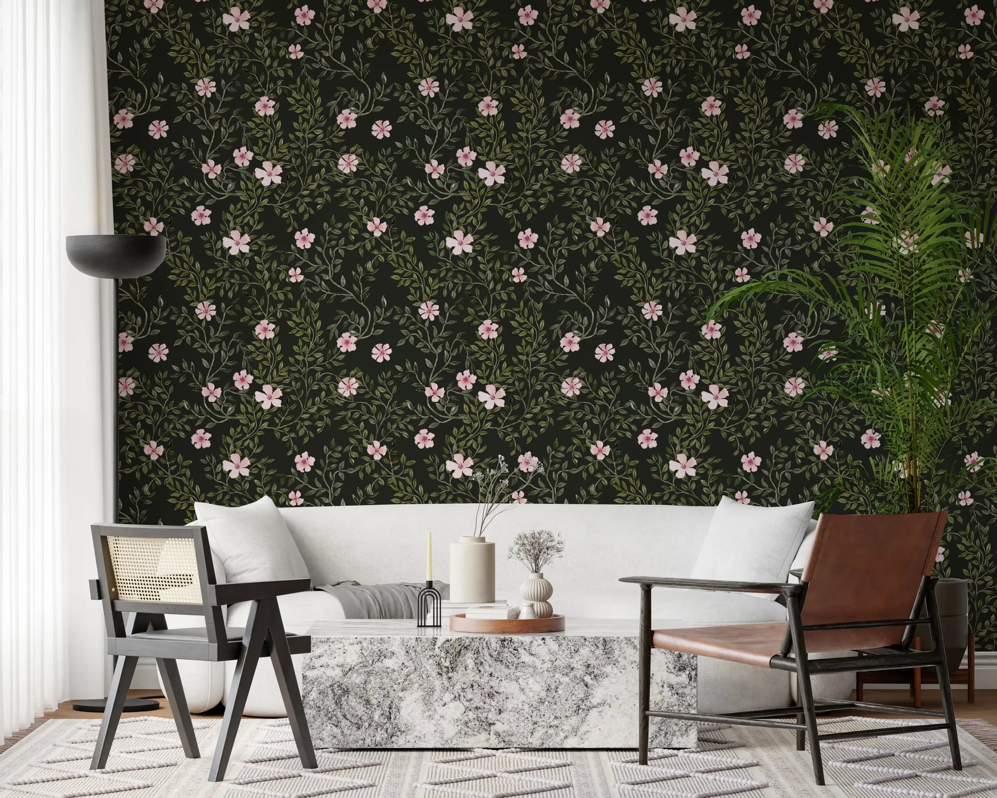 Soft Pink Floral Vines on Charcoal Wallpaper⁠
