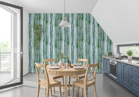 Green watercolour stripe wallpaper in an attic kitchen dining area GD12468