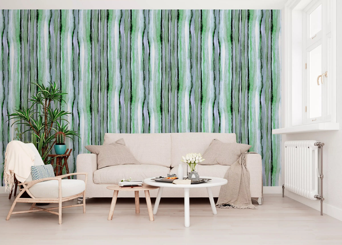 Verdant watercolour vertical stripe wallpaper detail in green and white GD12468