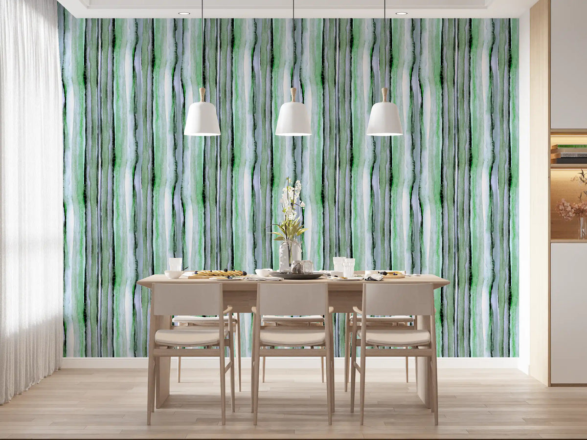 Watercolour green stripe wallpaper in a dining room with pendant lights GD12468