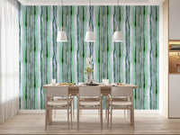 Watercolour green stripe wallpaper in a dining room with pendant lights GD12468