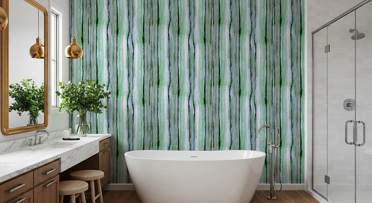 Watercolour green stripe wallpaper in a bathroom with freestanding tub GD12468