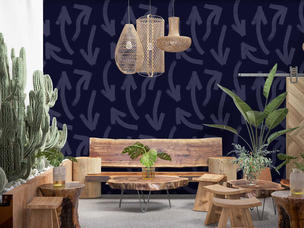 Deep navy stroke wallpaper in a boho lounge with cactus and wood GD12469