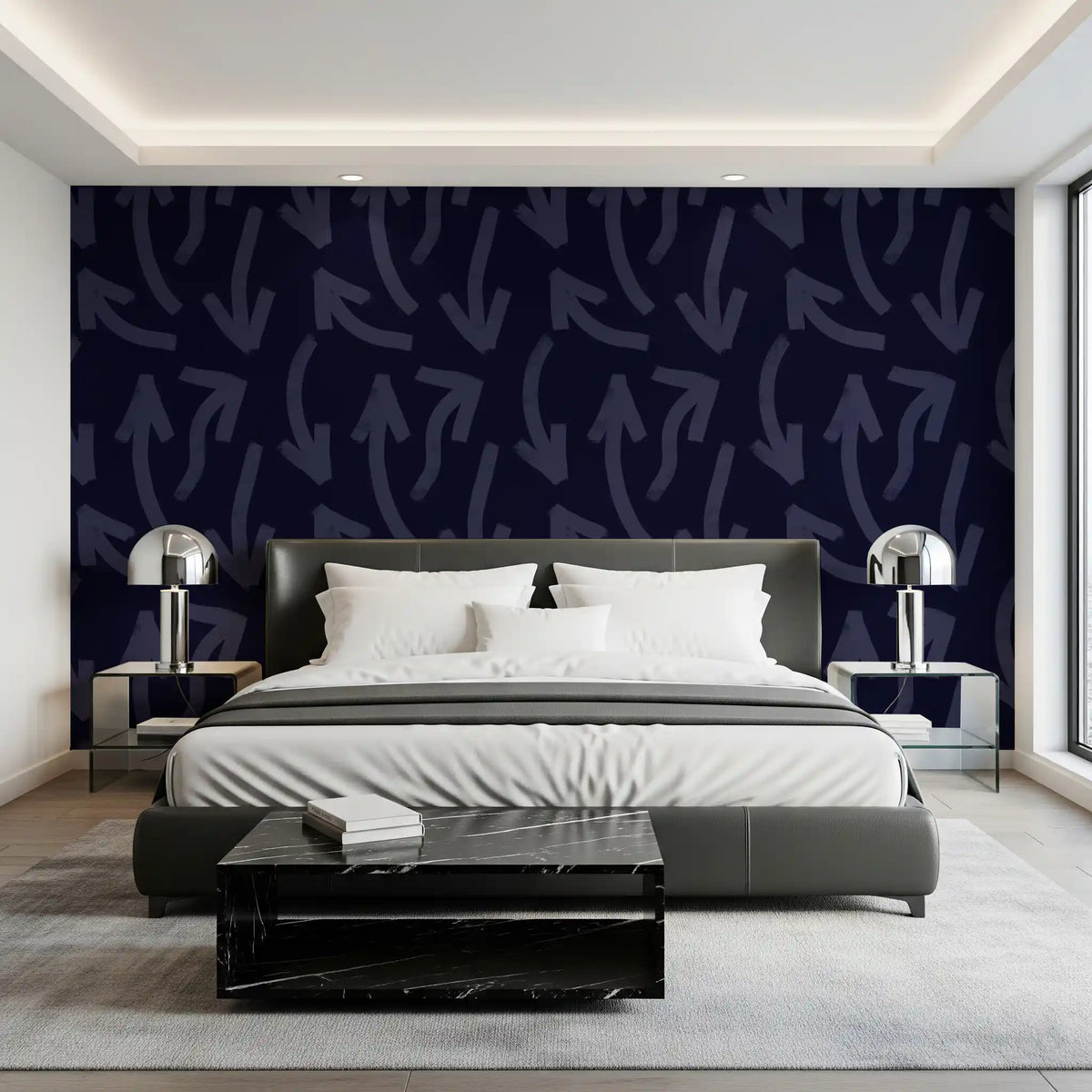 Navy directional stroke wallpaper styled on an interior feature wall GD12469