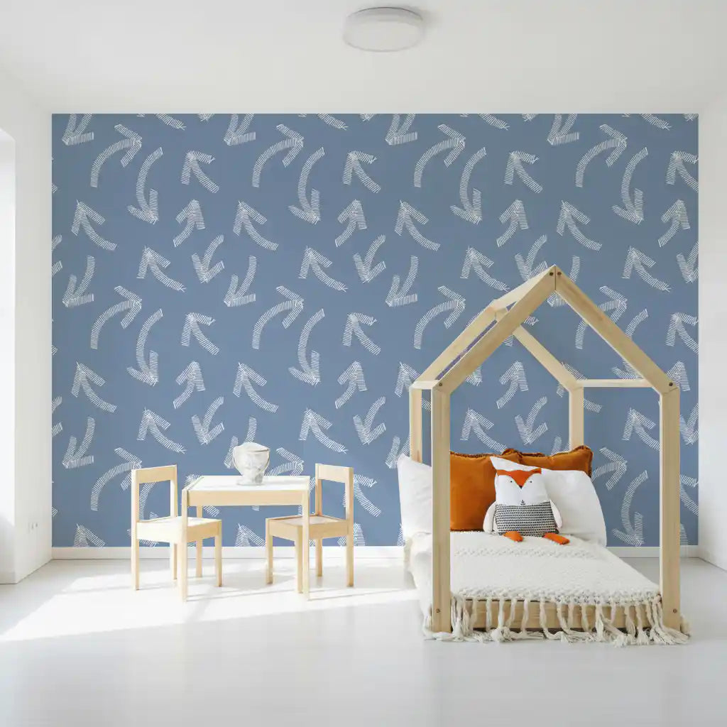 Blue scribble wallpaper in a bright playroom with house bed frame GD12470