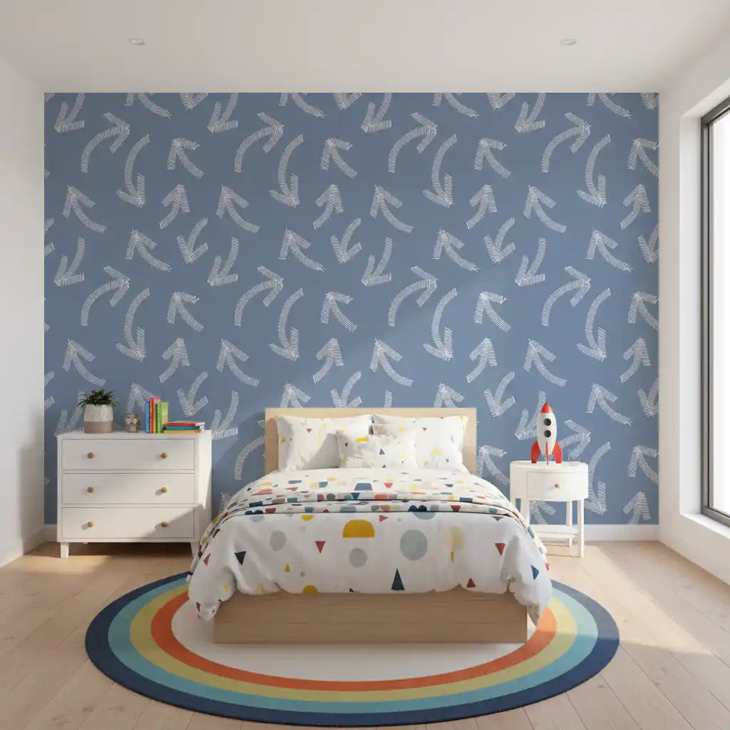 Muted blue arrow wallpaper in a childs bedroom with rainbow rug GD12470