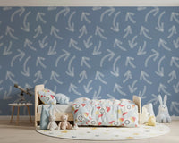 Blue scribble arrow wallpaper in a boys room with telescope and toys GD12470