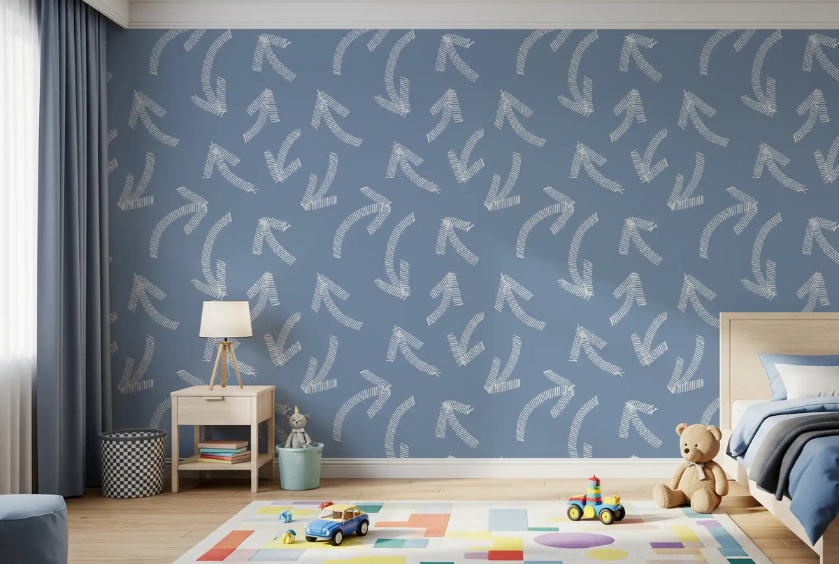 Blue scribble arrow wallpaper styled on a kids room feature wall GD12470