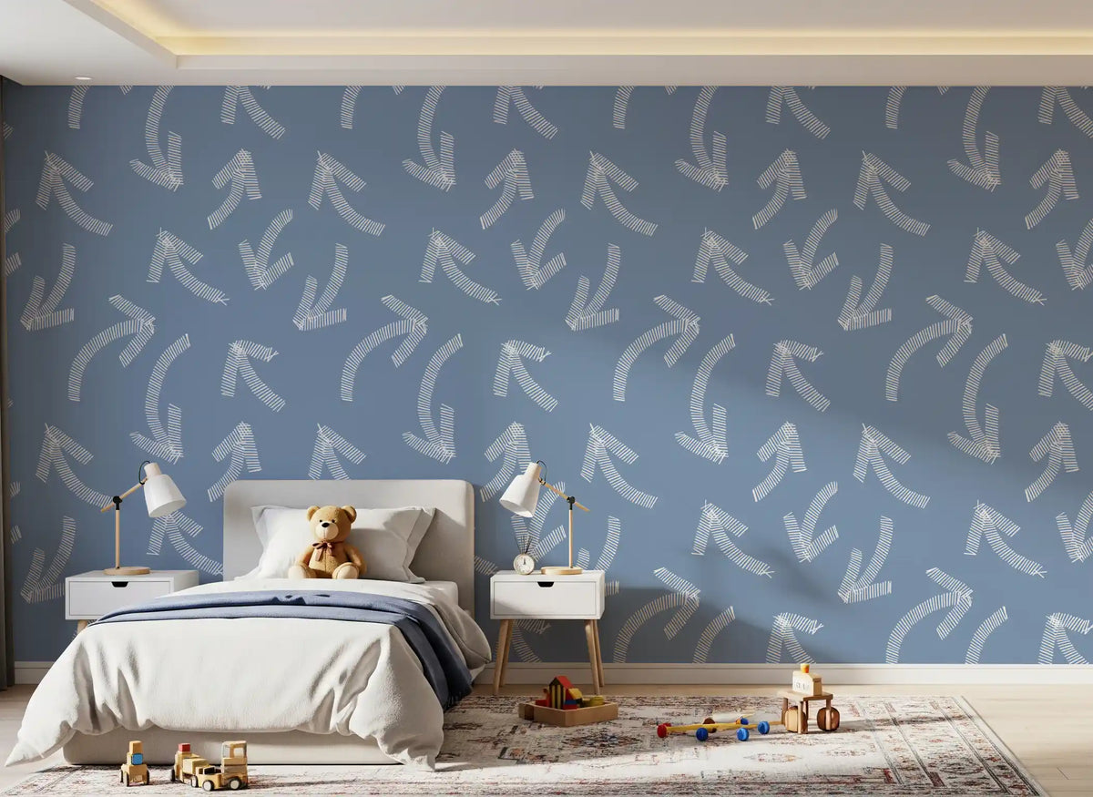 Muted blue arrow wallpaper in a childs bedroom with soft toys GD12470