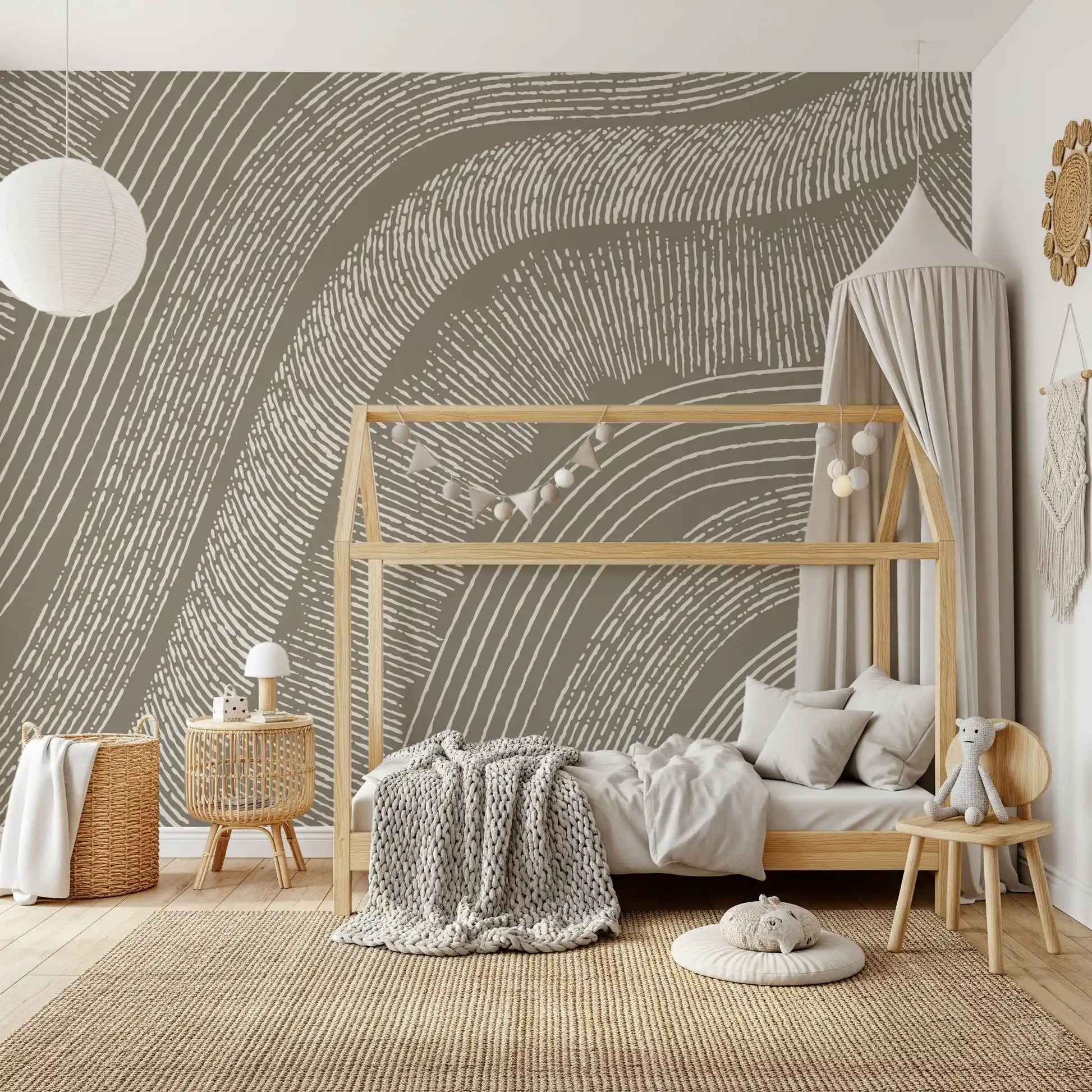 Taupe Wavy Etched Lines Wall Mural