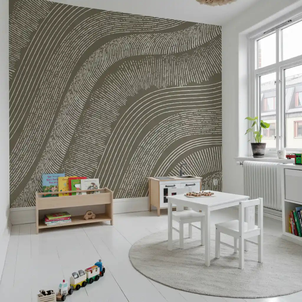 Taupe Wavy Etched Lines Wall Mural