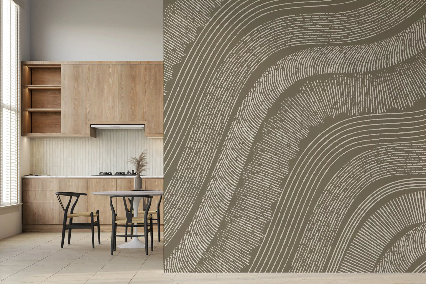 Taupe Wavy Etched Lines Wall Mural