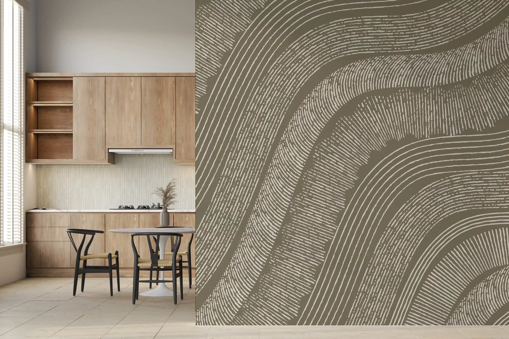 Taupe Wavy Etched Lines Wall Mural