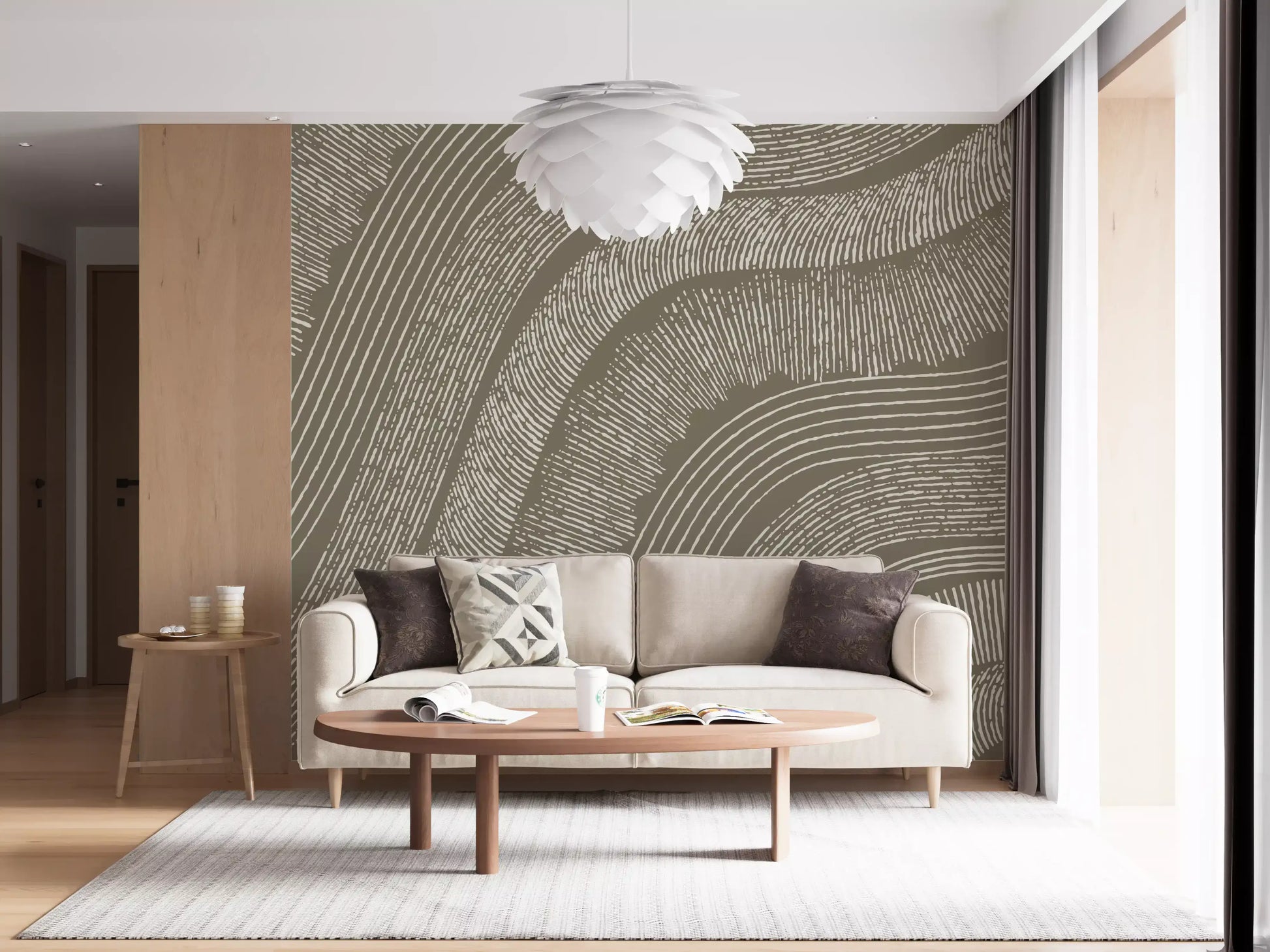 Taupe Wavy Etched Lines Wall Mural