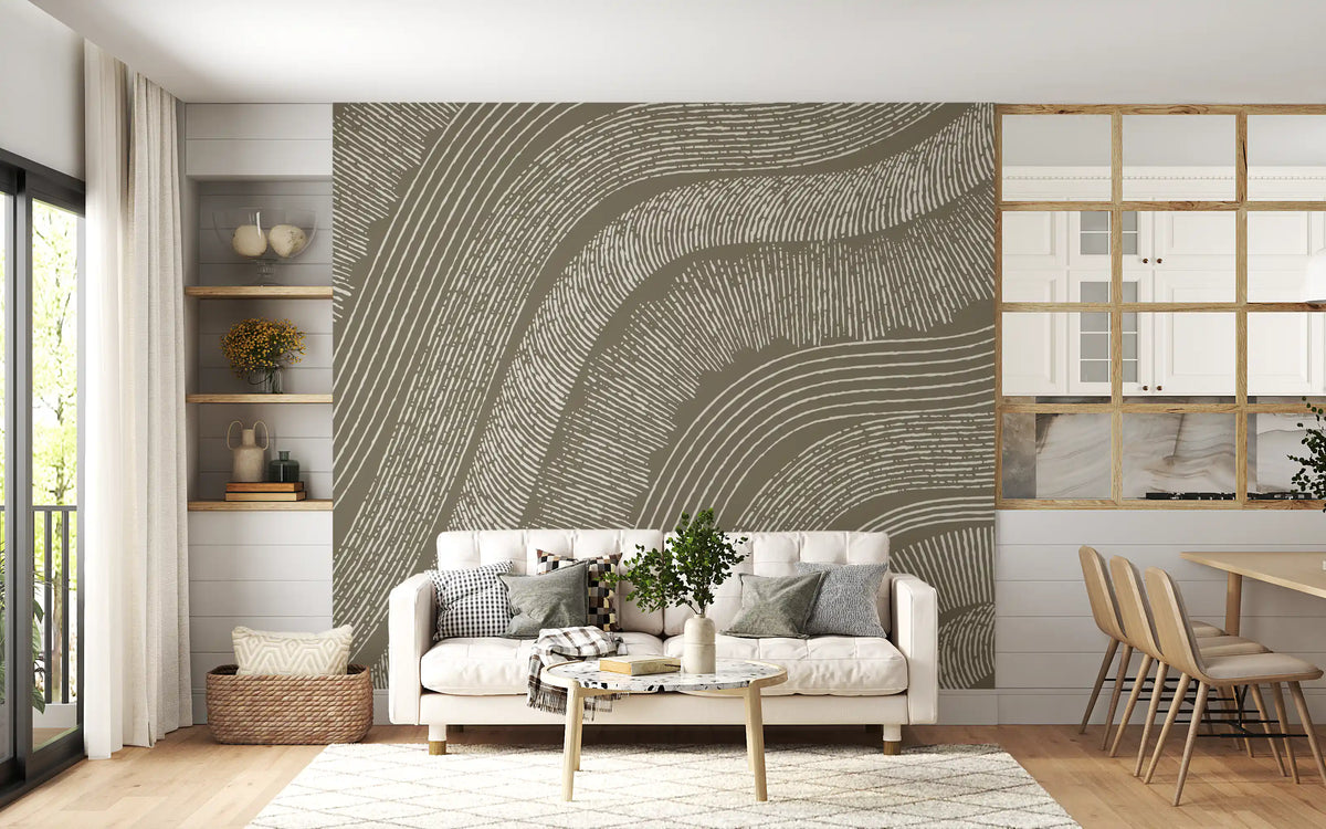 Taupe etched line wall mural in a living room with cream sofa GD12471