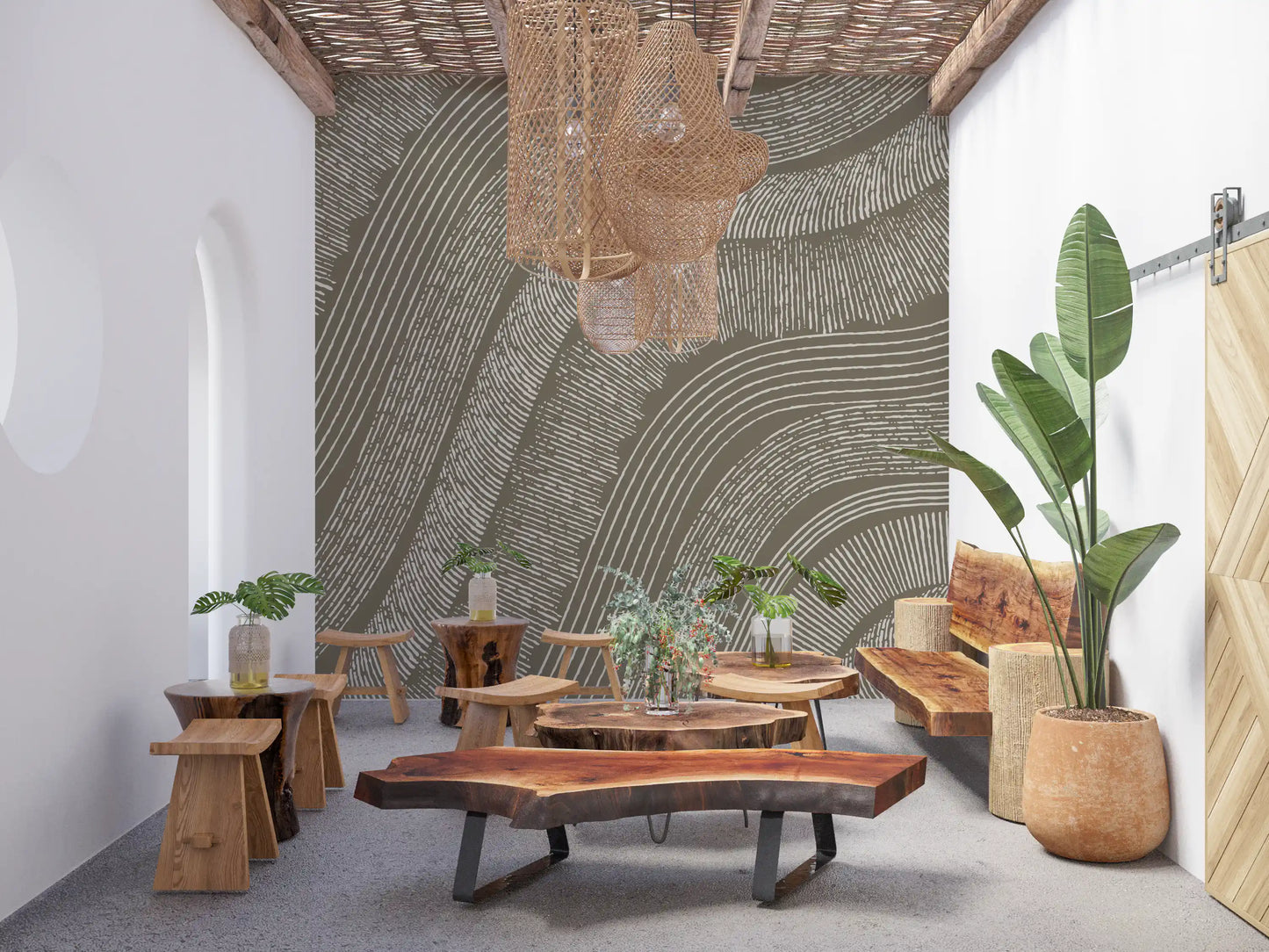 Taupe Wavy Etched Lines Wall Mural