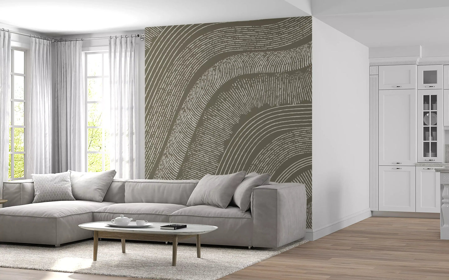 Taupe Wavy Etched Lines Wall Mural