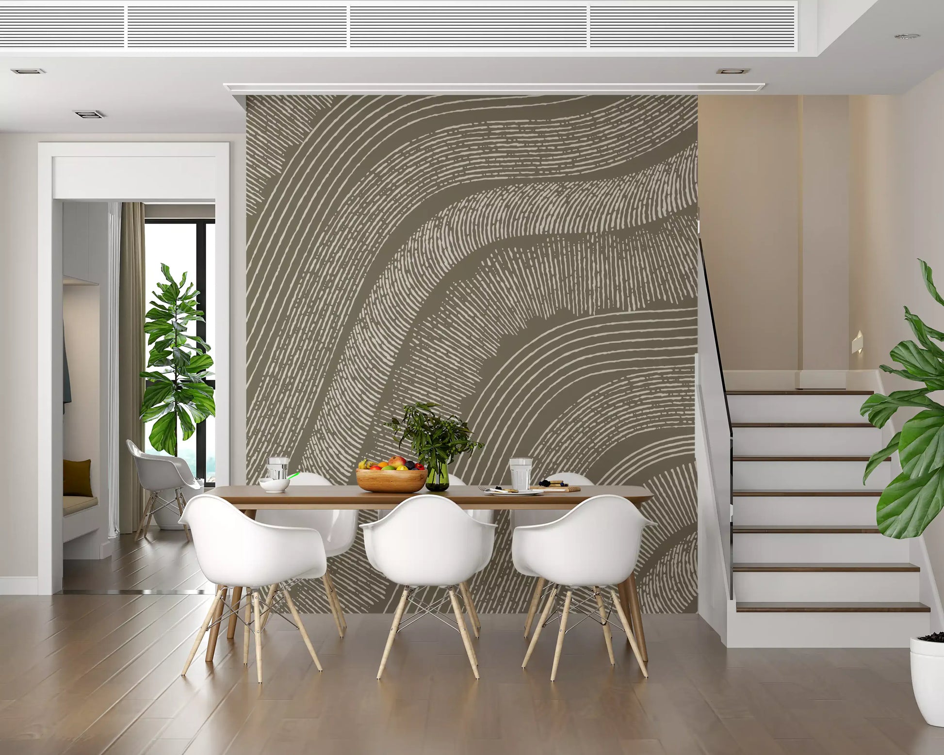Taupe Wavy Etched Lines Wall Mural