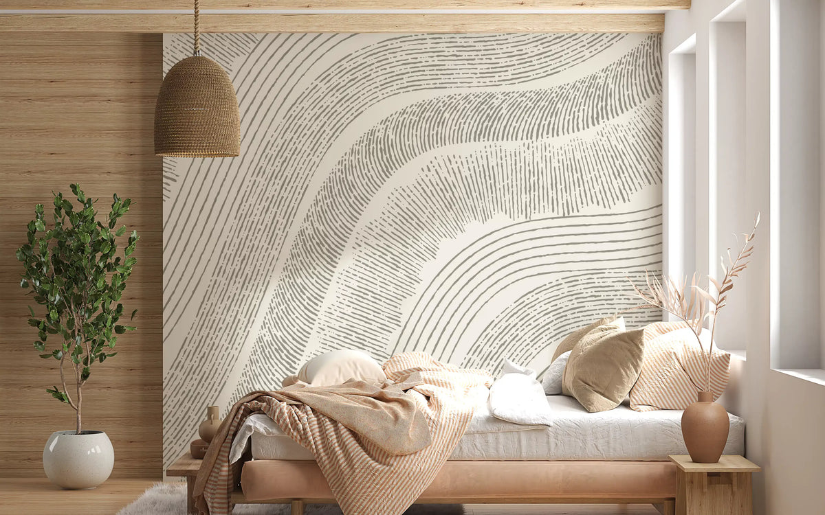 Soft beige flowing-line mural behind a made bed in a warm bedroom GD12473
