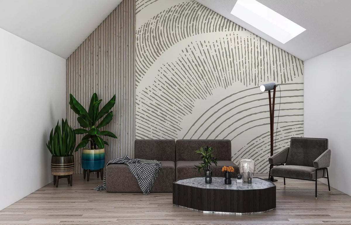 Neutral flowing-line mural in an attic living room with a grey sofa GD12473