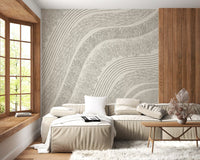 Cream flowing-line mural in a living room with a beige sofa and wood window GD12473