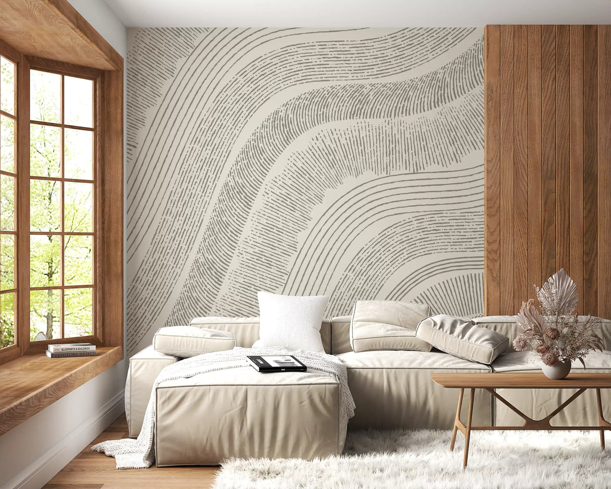 Cream flowing-line mural in a living room with a beige sofa and wood window GD12473