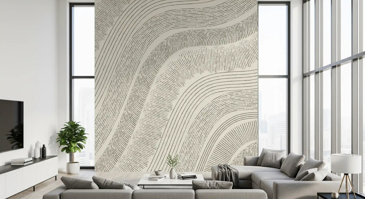 Beige wave-line mural in a living room with a grey sofa and wall TV GD12473