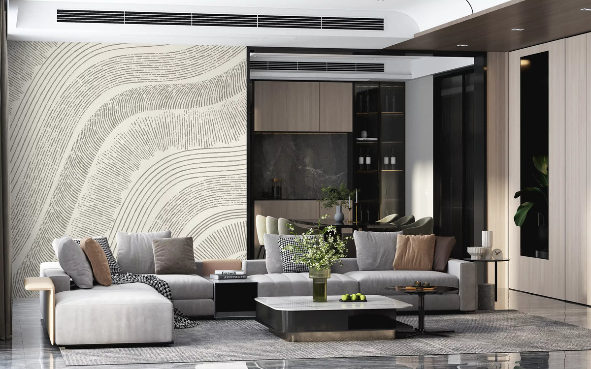 Cream flowing-line mural in an open-plan living room with a grey sofa GD12473