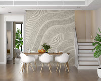 Beige wave-line mural in a dining area with white chairs beside a staircase GD12473