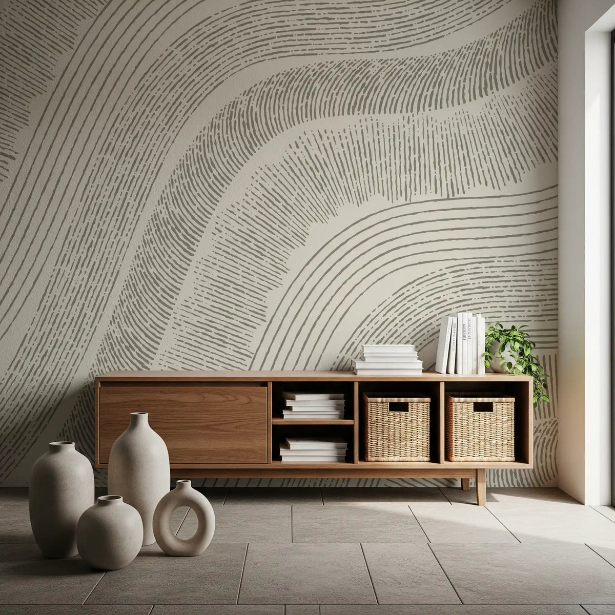 Beige etched mural in a hallway with a wood console and ceramic vases GD12473