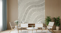 Neutral line mural in a living room with a white console and cane chairs GD12473