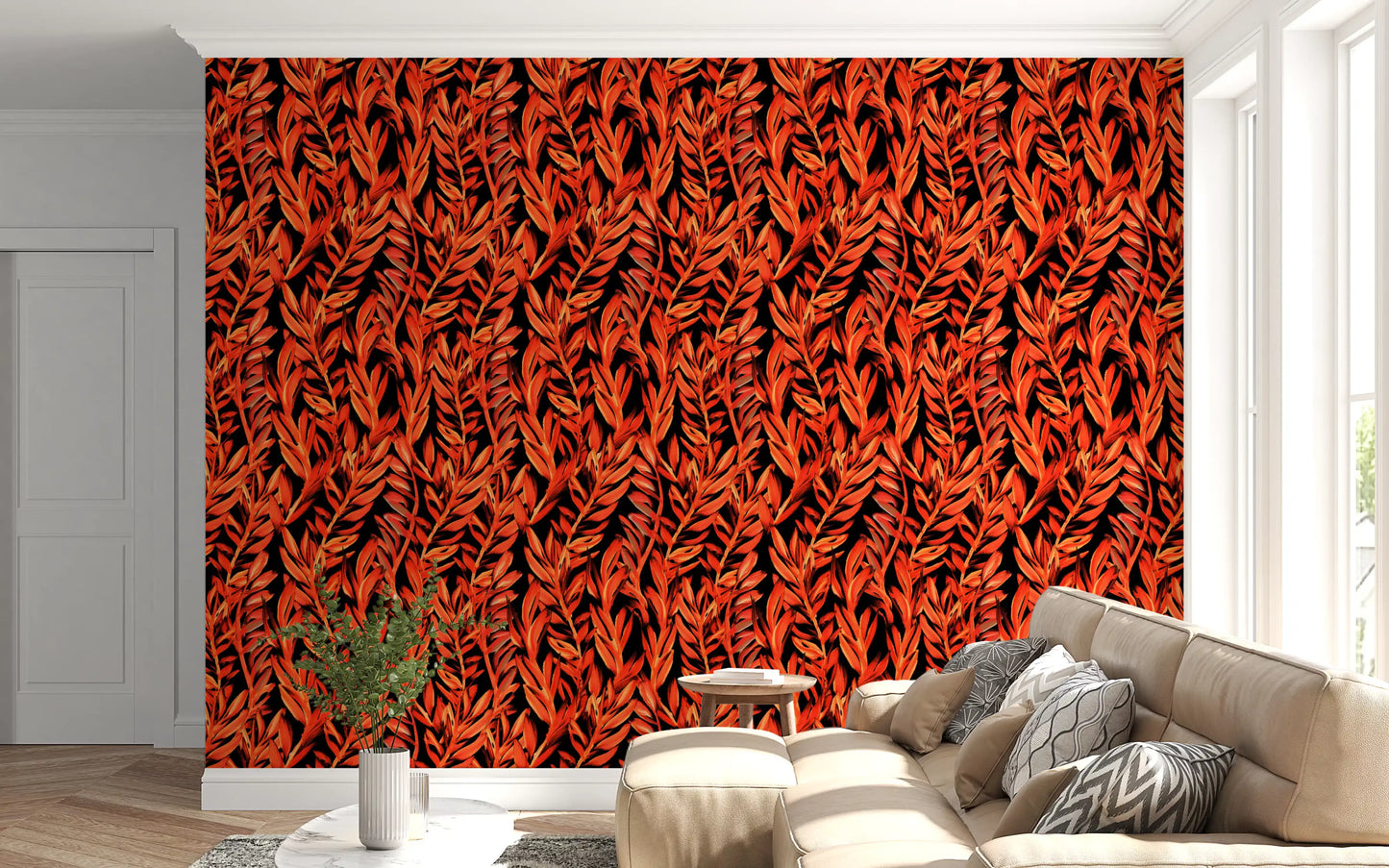 Fiery Painted Tropical Fronds Wallpaper⁠