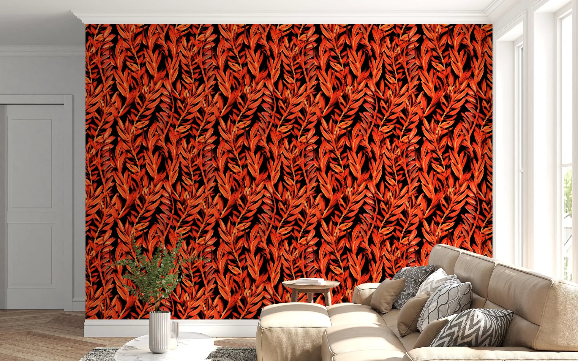 Fiery Painted Tropical Fronds Wallpaper⁠