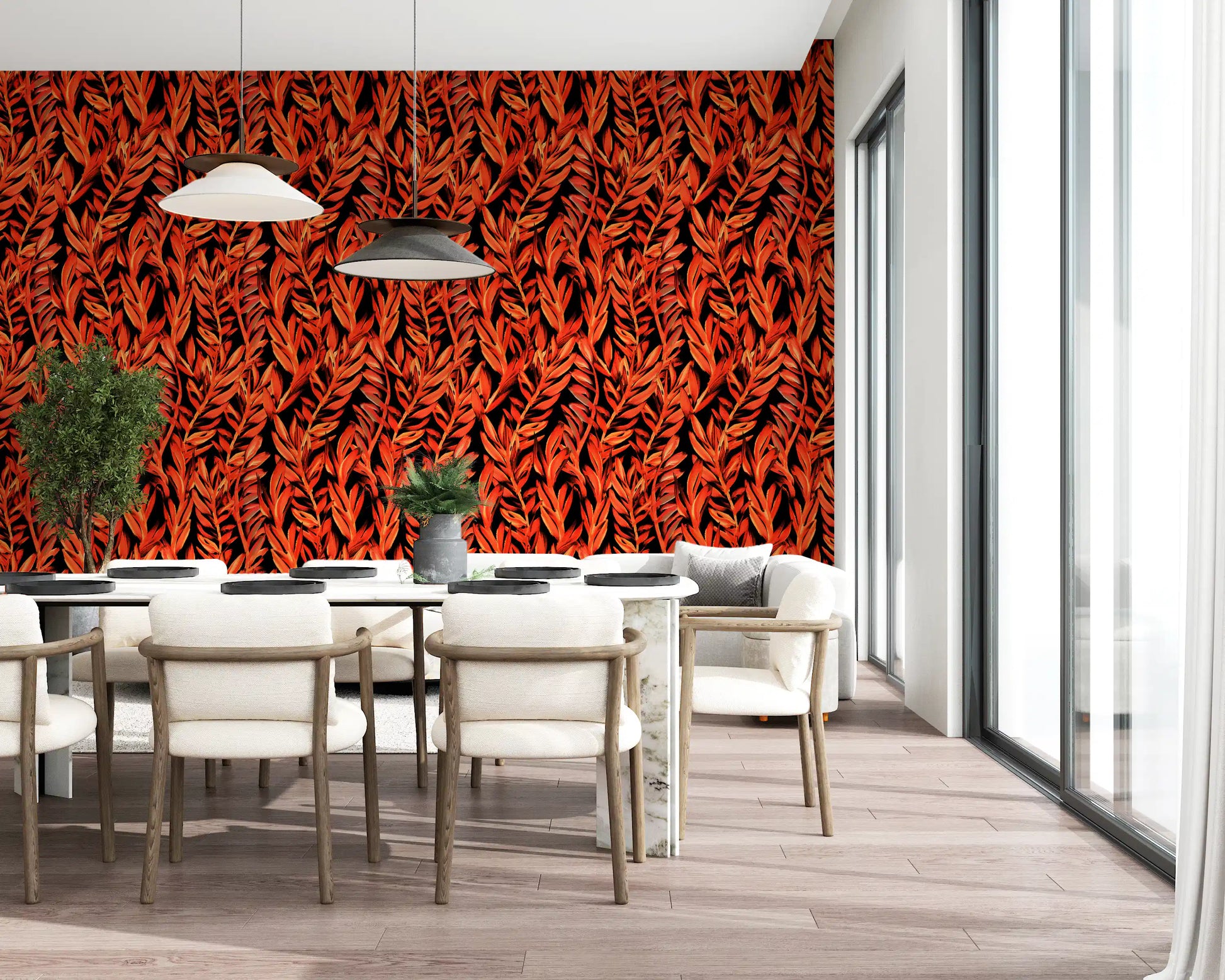 Fiery Painted Tropical Fronds Wallpaper⁠