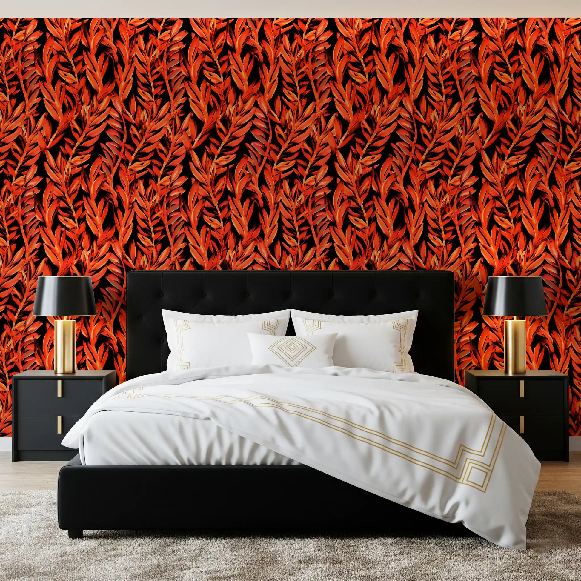 Fiery Painted Tropical Fronds Wallpaper⁠