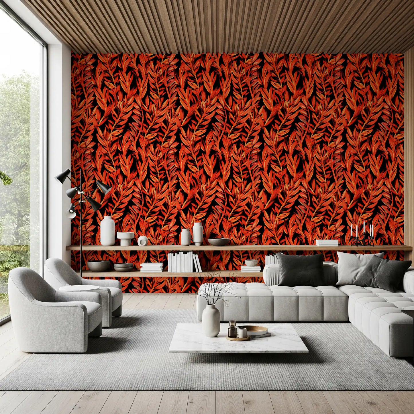 Fiery Painted Tropical Fronds Wallpaper⁠