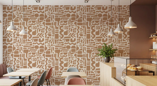 Earth-toned abstract shape wallpaper in an open dining and kitchen space GD12478